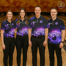 Load image into Gallery viewer, Purple Flame galaxy argyle Custom bowling polo shirts, 1/4 zip for women, team bowling league jerseys NQS11410