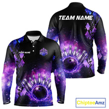 Load image into Gallery viewer, Purple Flame galaxy argyle Custom bowling polo shirts, 1/4 zip for men, team bowling league jerseys NQS11410