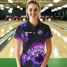 Load image into Gallery viewer, Purple Flame galaxy argyle Custom bowling polo shirts, 1/4 zip for women, team bowling league jerseys NQS11410