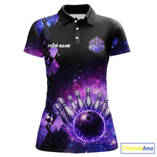 Load image into Gallery viewer, Purple Flame galaxy argyle Custom bowling polo shirts, 1/4 zip for women, team bowling league jerseys NQS11410