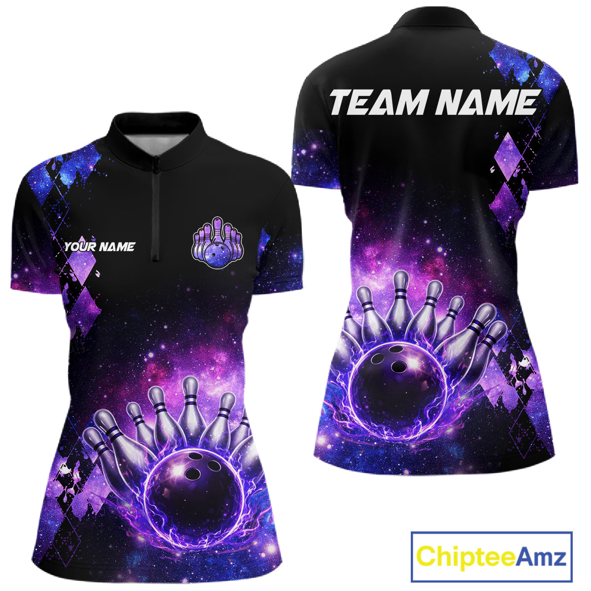Purple Flame galaxy argyle Custom bowling polo shirts, 1/4 zip for women, team bowling league jerseys NQS11410