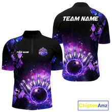Load image into Gallery viewer, Purple Flame galaxy argyle Custom bowling polo shirts, 1/4 zip for men, team bowling league jerseys NQS11410