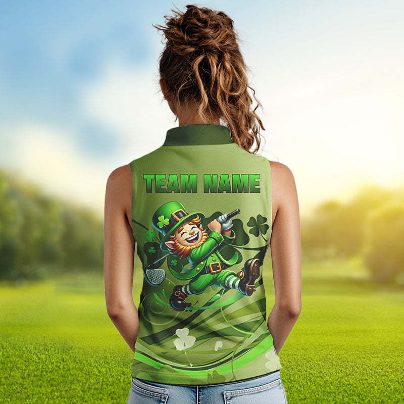 Green shamrock Lucky Golf Sleeveless Polo Shirts For Women Custom St Patrick Day Team Golf Shirts NQS9470