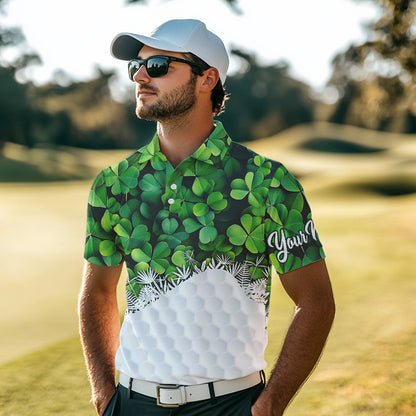 Mens golf polo shirts custom Green clover golf pattern white St Patrick Day golf attire for mens NQS9473