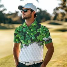 Load image into Gallery viewer, Mens golf polo shirts custom Green clover golf pattern white St Patrick Day golf attire for mens NQS9473
