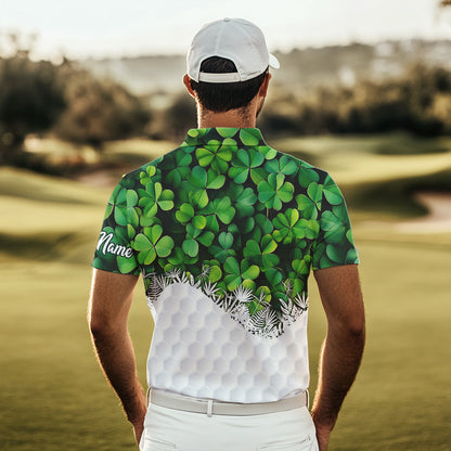 Mens golf polo shirts custom Green clover golf pattern white St Patrick Day golf attire for mens NQS9473