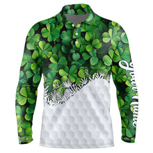 Load image into Gallery viewer, Mens golf polo shirts custom Green clover golf pattern white St Patrick Day golf attire for mens NQS9473
