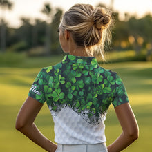 Load image into Gallery viewer, Womens golf polo shirts custom Green clover golf pattern white St Patrick Day golf attire for ladies NQS9473