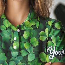 Load image into Gallery viewer, Womens golf polo shirts custom Green clover golf pattern white St Patrick Day golf attire for ladies NQS9473