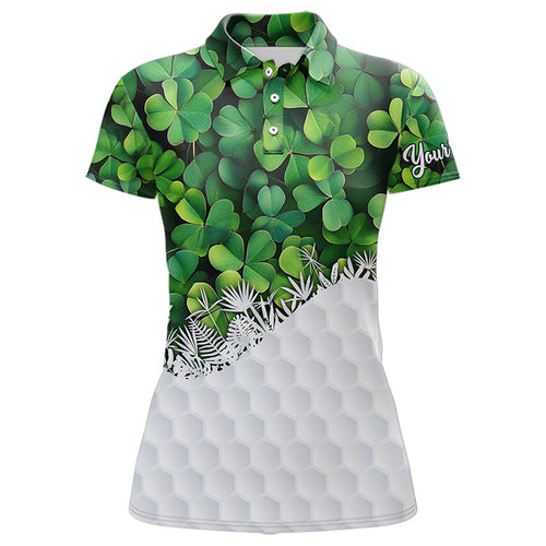 Womens golf polo shirts custom Green clover golf pattern white St Patrick Day golf attire for ladies NQS9473