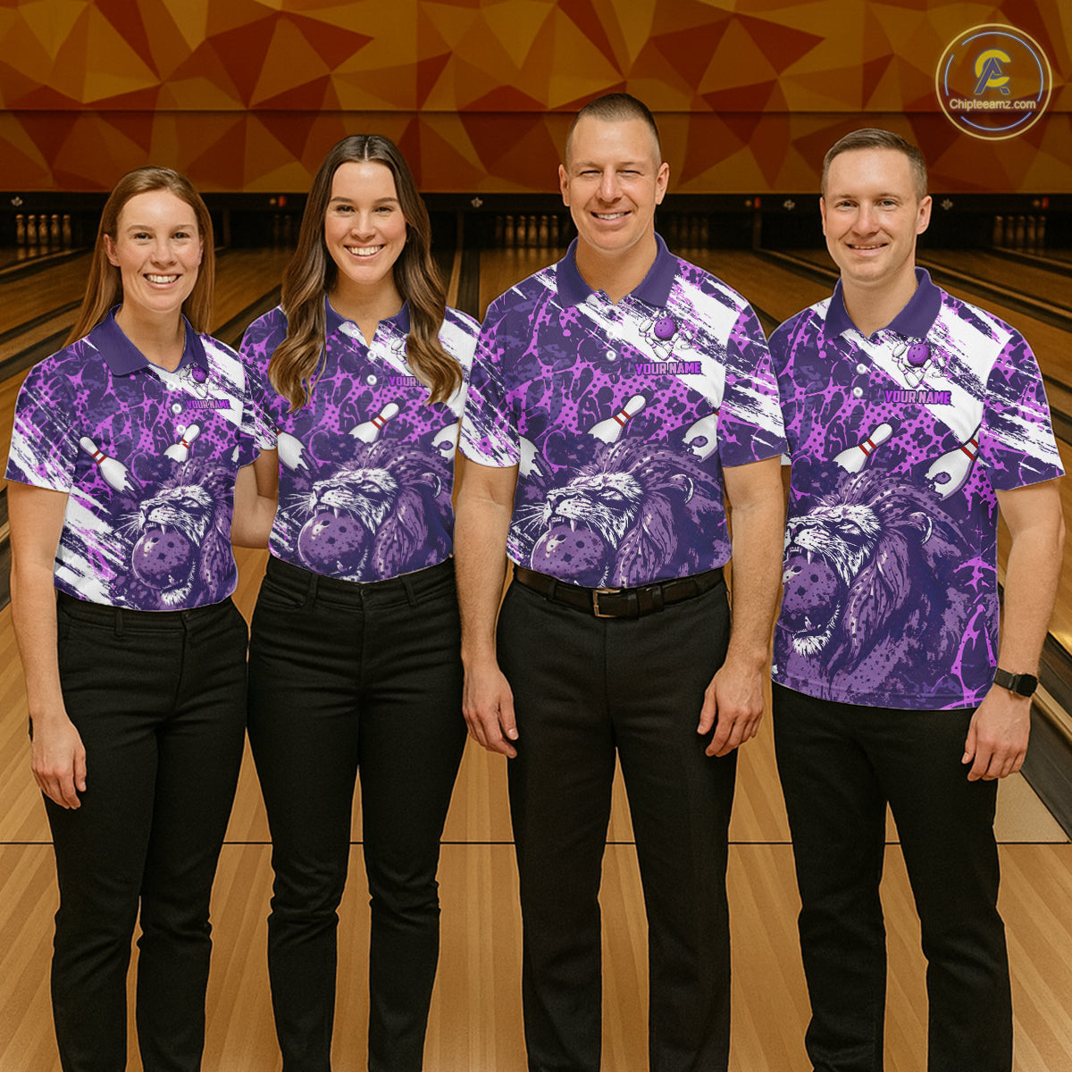 Purple Camo Lion Bowling Polo, 1/4 Zip Shirts for Men Custom Lion Team Bowling Jerseys, Bowler Outfit NQS11604