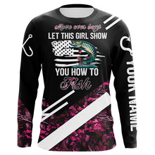 Load image into Gallery viewer, Move over boys let this girl show you how to fish Musky fishing pink camo custom name 3D fishing shirt NQS5162