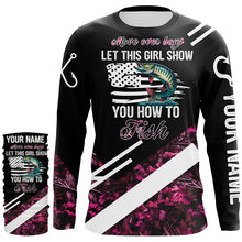 Load image into Gallery viewer, Move over boys let this girl show you how to fish Musky fishing pink camo custom name 3D fishing shirt NQS5162