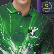 Load image into Gallery viewer, Men&#39;s Bowling Shirts Custom Green Lightning Thunder Bowling Team Jersey, gift for team Bowlers NQS10602