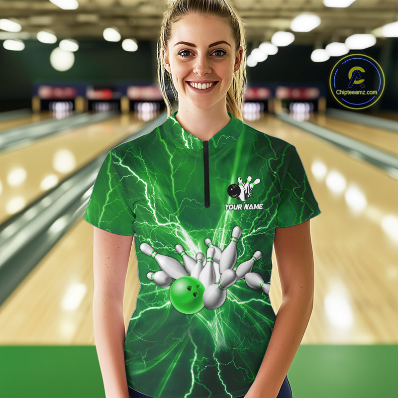 Women's Bowling Shirts Custom Green Lightning Thunder Bowling Team Jersey, gift for team Bowlers NQS10602