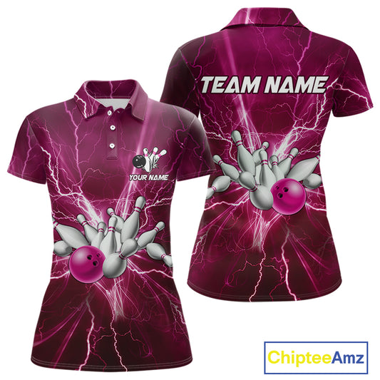 Women's Bowling Shirts Custom Pink Lightning Thunder Bowling Team Jersey, gift for team Bowlers NQS10603