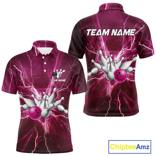 Men's Bowling Shirts Custom Pink Lightning Thunder Bowling Team Jersey, gift for team Bowlers NQS10603