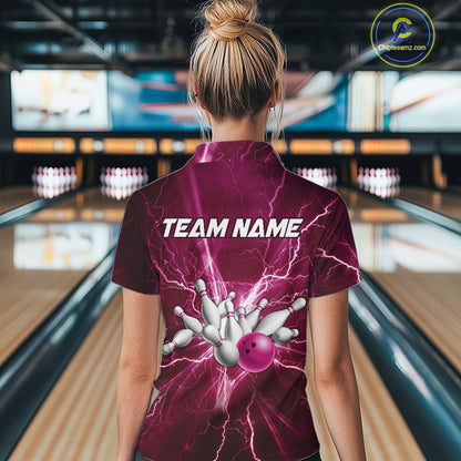 Women's Bowling Shirts Custom Pink Lightning Thunder Bowling Team Jersey, gift for team Bowlers NQS10603