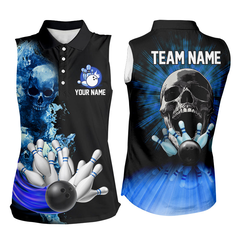 Blue Flame Skull Bowling sleeveless polo Shirts For Women Custom Bowling Team League Jerseys outfits NQS8654