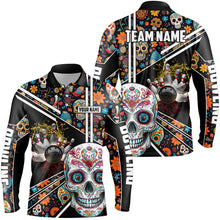 Load image into Gallery viewer, Sugar Skull Pattern Custom Mens Team Bowling Polo, Quarter Zip Shirts, Halloween Team Bowling Jerseys NQS8655