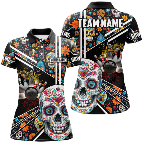 Sugar Skull Pattern Custom Women Team Bowling Polo, Quarter Zip Shirts, Halloween Team Bowling Jerseys NQS8655