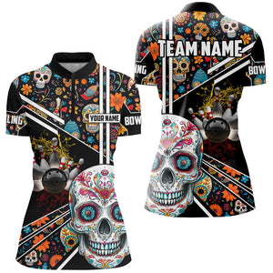 Sugar Skull Pattern Custom Women Team Bowling Polo, Quarter Zip Shirts, Halloween Team Bowling Jerseys NQS8655