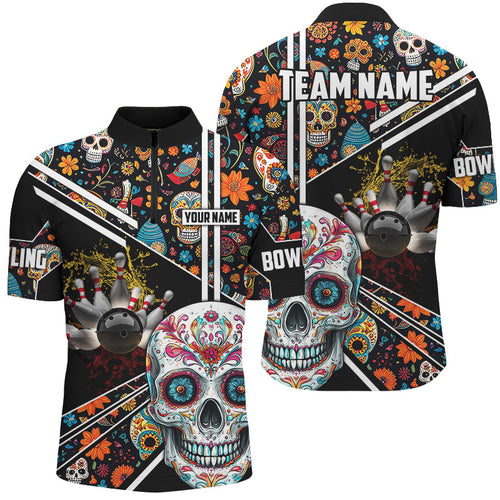 Sugar Skull Pattern Custom Mens Team Bowling Polo, Quarter Zip Shirts, Halloween Team Bowling Jerseys NQS8655