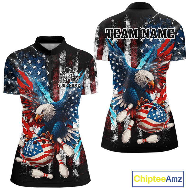 Personalized American Flag Eagle Lightning Thunder Women Bowling Team Shirts, Patriotic Bowling Gift NQS10834