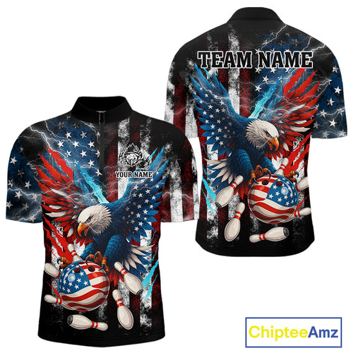 Personalized American Flag Eagle Lightning Thunder Bowling Team Shirt For Men, Patriotic Bowling Gift NQS10834