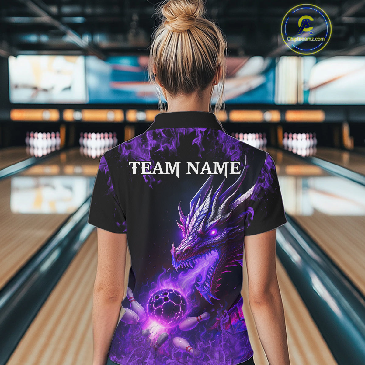 Black and Purple Flame Dragon Bowling Polo, 1/4 Zip Shirts Women Custom Dragon Bowling Team Jerseys NQS11211
