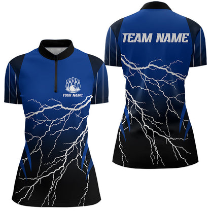 Black and Blue Lightning thunder Bowling Polo, Quarter Zip shirts for Women Custom Bowling Team Jersey NQS9346