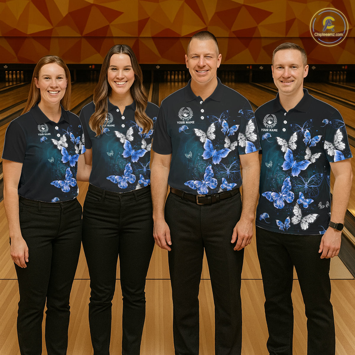 Custom Blue Butterfly Bowling Polo Shirt, 1/4 zip jersey For Men, Bowling Team Shirt With Butterflies NQS11612