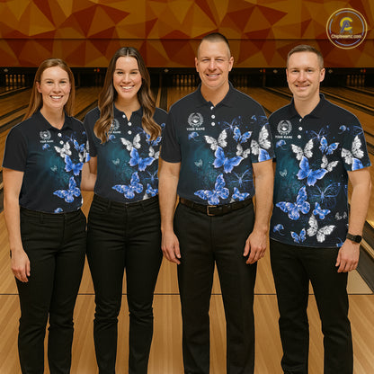 Custom Blue Butterfly Bowling Polo Shirt, 1/4 zip jersey For Men, Bowling Team Shirt With Butterflies NQS11612