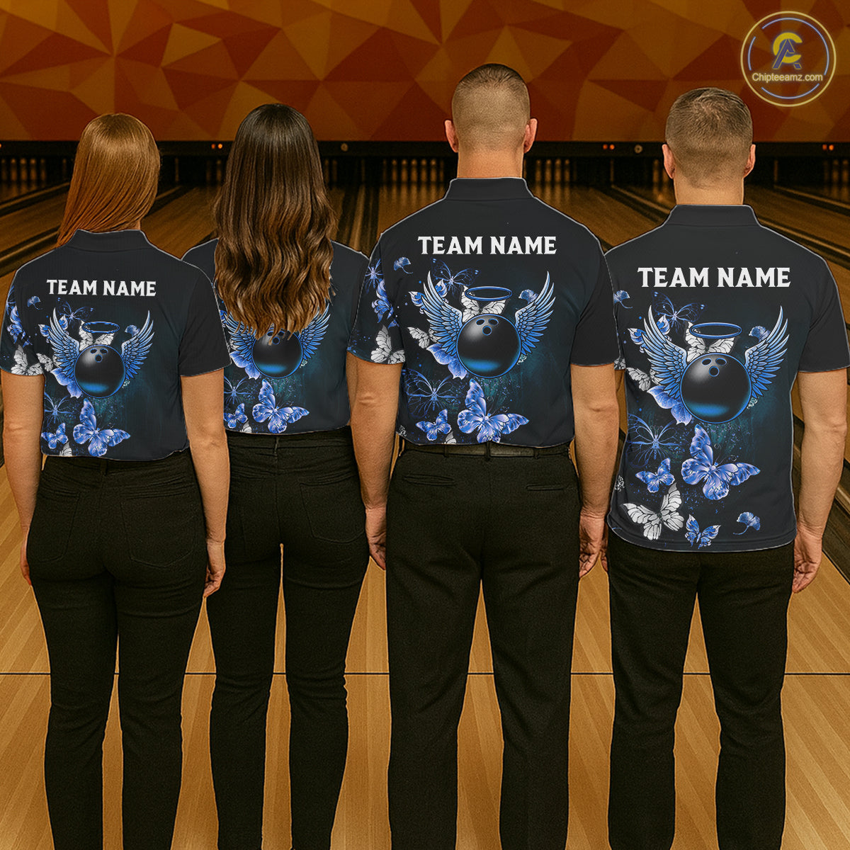 Custom Blue Butterfly Bowling Polo Shirt, 1/4 zip jersey For Men, Bowling Team Shirt With Butterflies NQS11612