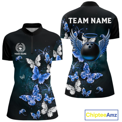 Custom Blue Butterfly Bowling 1/4 zip, Polo Shirt For Women, Bowling Team Shirt With Butterflies NQS11612
