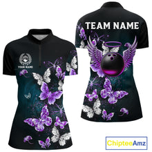 Load image into Gallery viewer, Custom Purple Butterfly Bowling Polo, 1/4 zip jerseys For Women, Bowling Team Shirt With Butterflies NQS11613