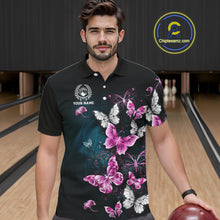 Load image into Gallery viewer, Custom Pink Butterfly Bowling Polo, 1/4 zip jerseys For Men, Bowling Team Shirt With Butterflies NQS11614