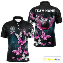 Load image into Gallery viewer, Custom Pink Butterfly Bowling Polo, 1/4 zip jerseys For Men, Bowling Team Shirt With Butterflies NQS11614
