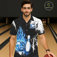 Load image into Gallery viewer, Custom Blue Flame Lightning Thunder Bowling Button-up shirt, black and white bowling team jerseys NQS11617
