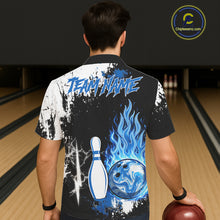 Load image into Gallery viewer, Custom Blue Flame Lightning Thunder Bowling Button-up shirt, black and white bowling team jerseys NQS11617