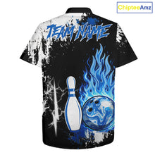 Load image into Gallery viewer, Custom Blue Flame Lightning Thunder Bowling Button-up shirt, black and white bowling team jerseys NQS11617