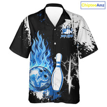 Load image into Gallery viewer, Custom Blue Flame Lightning Thunder Bowling Button-up shirt, black and white bowling team jerseys NQS11617