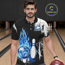 Load image into Gallery viewer, Custom Blue Flame Lightning Thunder Bowling shirts for Men, black and white bowling team jerseys NQS11617