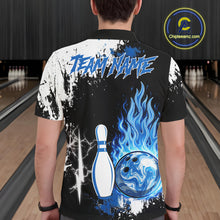 Load image into Gallery viewer, Custom Blue Flame Lightning Thunder Bowling shirts for Men, black and white bowling team jerseys NQS11617