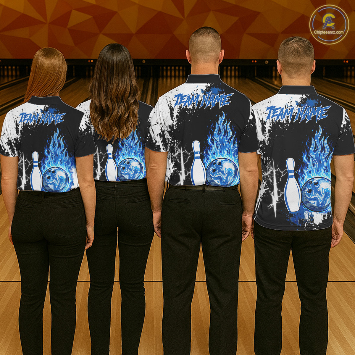 Custom Blue Flame Lightning Thunder Bowling shirts for Men, black and white bowling team jerseys NQS11617