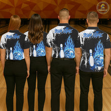 Load image into Gallery viewer, Custom Blue Flame Lightning Thunder Bowling shirts for Men, black and white bowling team jerseys NQS11617