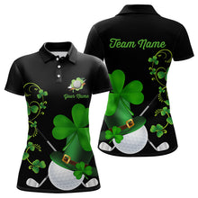 Load image into Gallery viewer, Green shamrock golf ball club Lucky Women polo golf shirt Custom St Patrick Day black team golf jersey NQS9644
