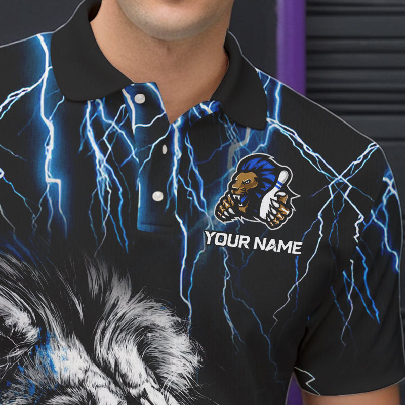 Black and Blue Lightning Thunder Lion Bowling Shirt For Men Custom Lion Bowling Team Jerseys NQS9645