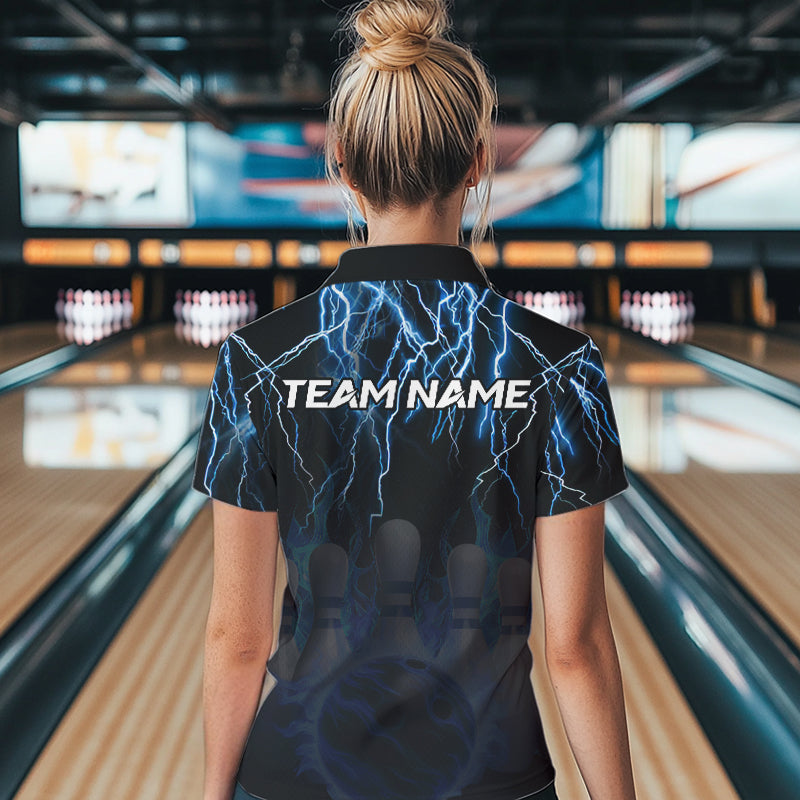 Black and Blue Lightning Thunder Lion Bowling Shirt For Women Custom Lion Bowling Team Jerseys NQS9645