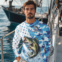Load image into Gallery viewer, Blue Camo American Flag Bass Fishing Custom Long Sleeve Fishing Shirts Personalized Bass Fishing Gifts NQS9647